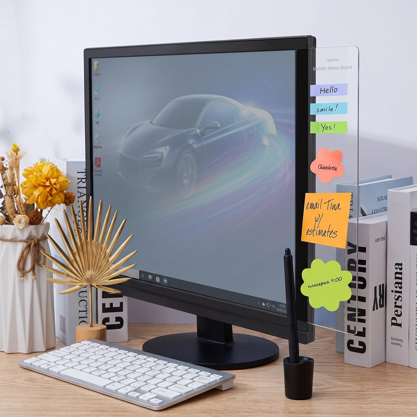 Transparent Acrylic Monitor Memo Board | Computer Side Sticky Note Holder for Office Desk