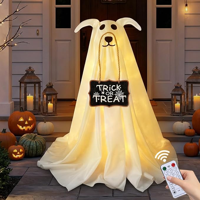 👻 Glowing Ghost Dog Halloween Door Decor with Trick or Treat Sign