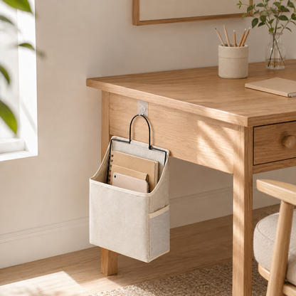Hanging Canvas Storage Pocket with Metal Frame | Wall & Desk-Side Fabric Caddy