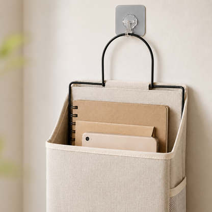 Hanging Canvas Storage Pocket with Metal Frame | Wall & Desk-Side Fabric Caddy