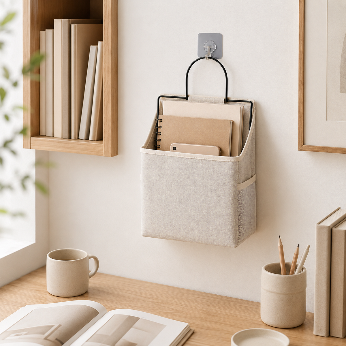 Hanging Canvas Storage Pocket with Metal Frame | Wall & Desk-Side Fabric Caddy