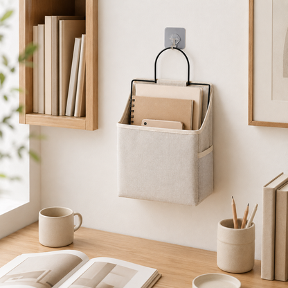 Hanging Canvas Storage Pocket with Metal Frame | Wall & Desk-Side Fabric Caddy