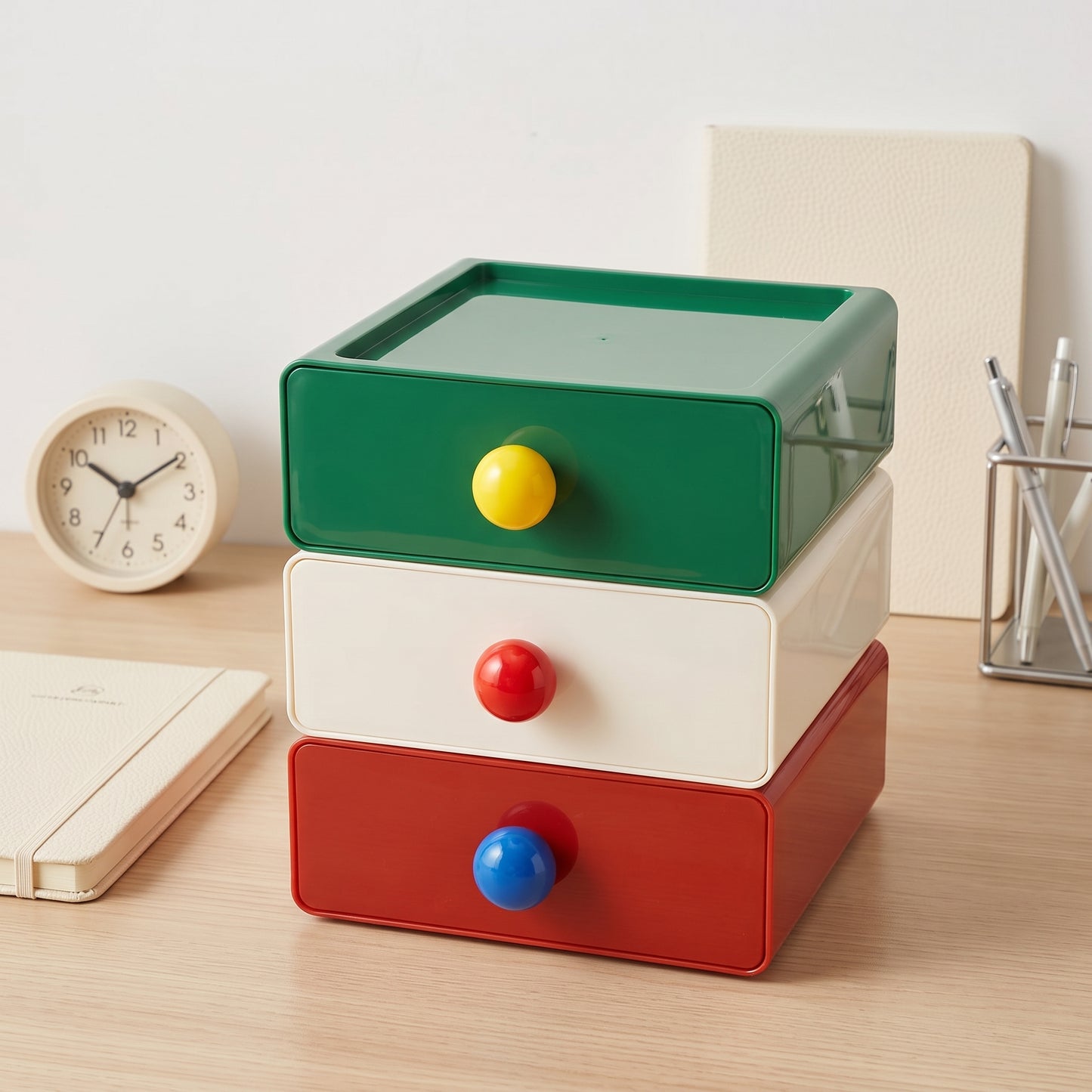 Stackable Desk Organizer Drawer with Round Handle | Dopamine Retro Storage Box for Office Accessories