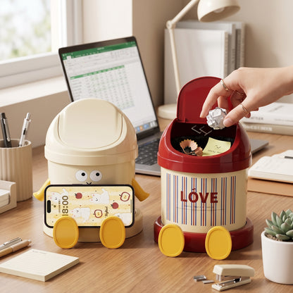 2-in-1 Mini Desk Trash Can & Phone Stand | Kawaii Office Desk Accessory