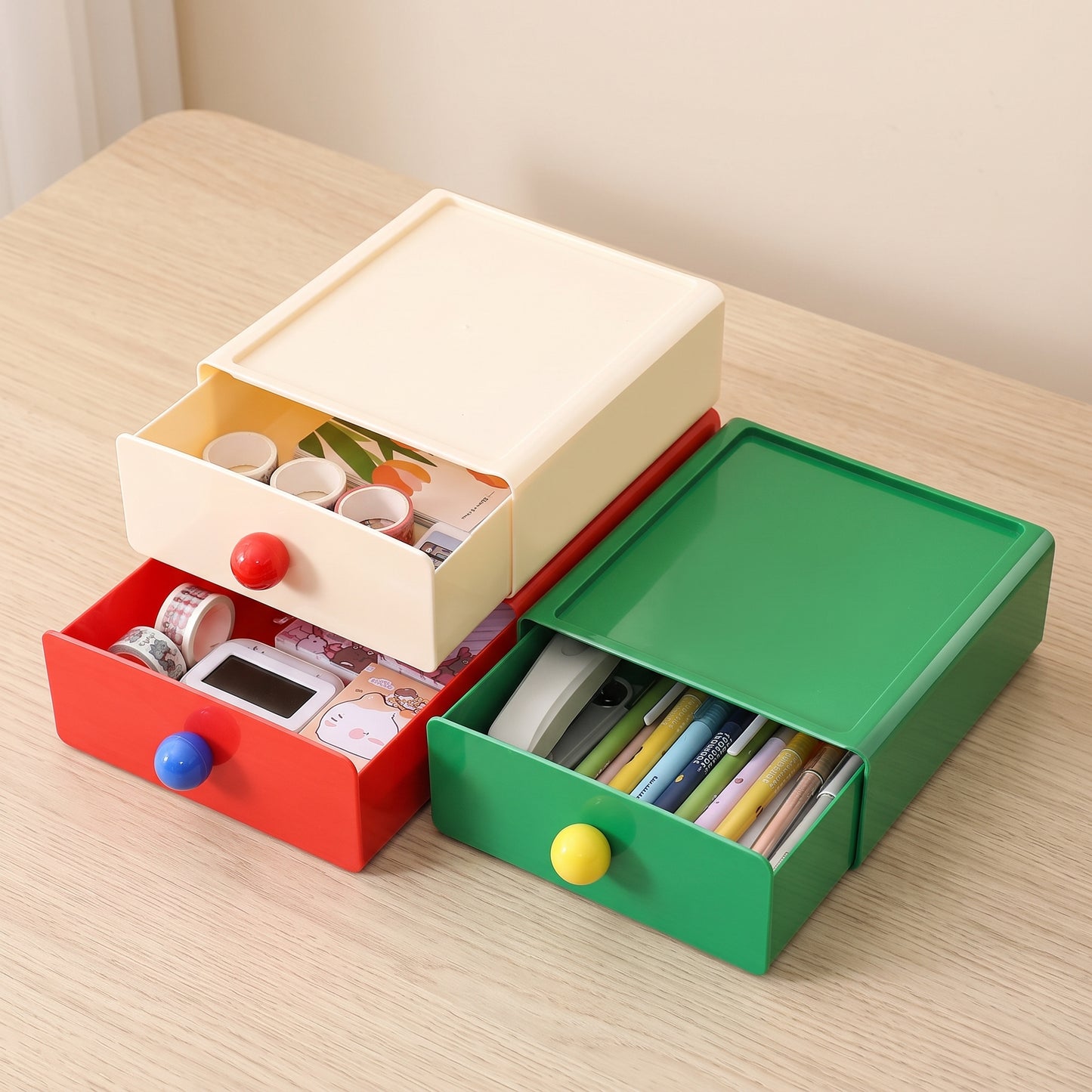 Stackable Desk Organizer Drawer with Round Handle | Dopamine Retro Storage Box for Office Accessories