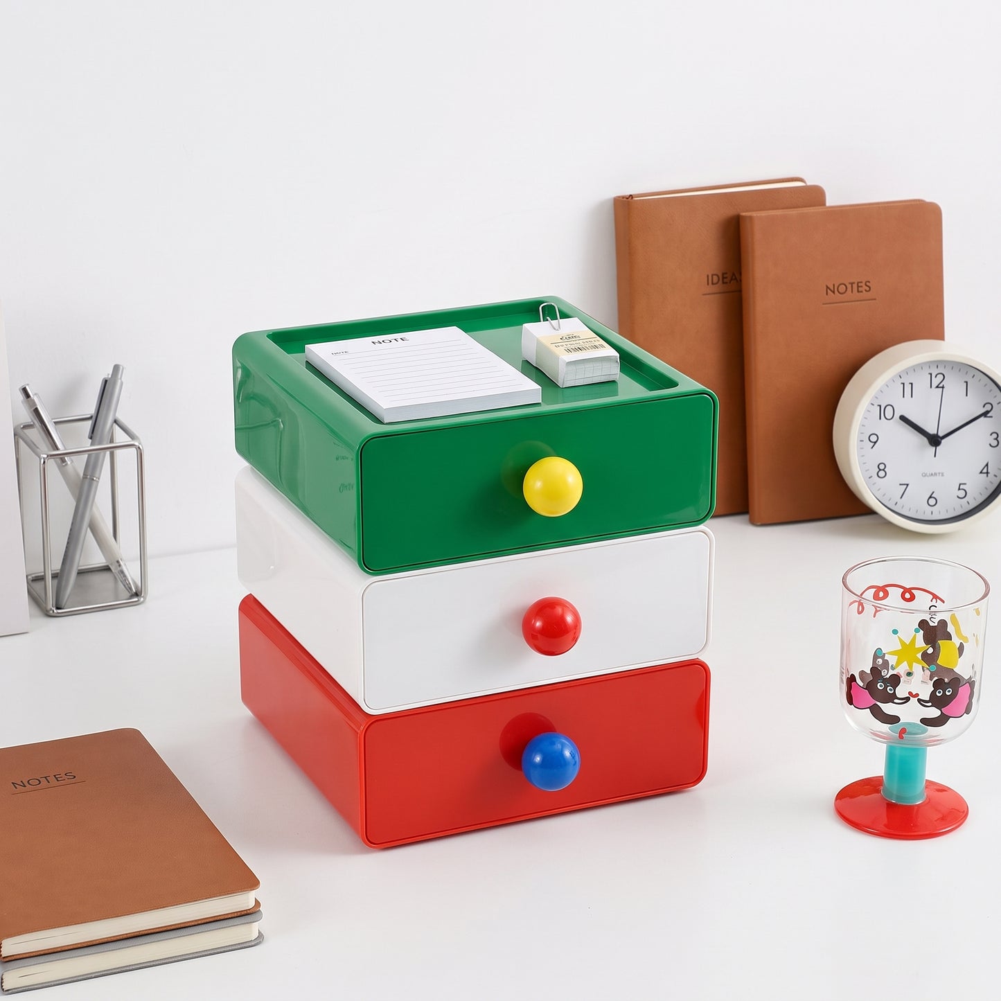 Stackable Desk Organizer Drawer with Round Handle | Dopamine Retro Storage Box for Office Accessories
