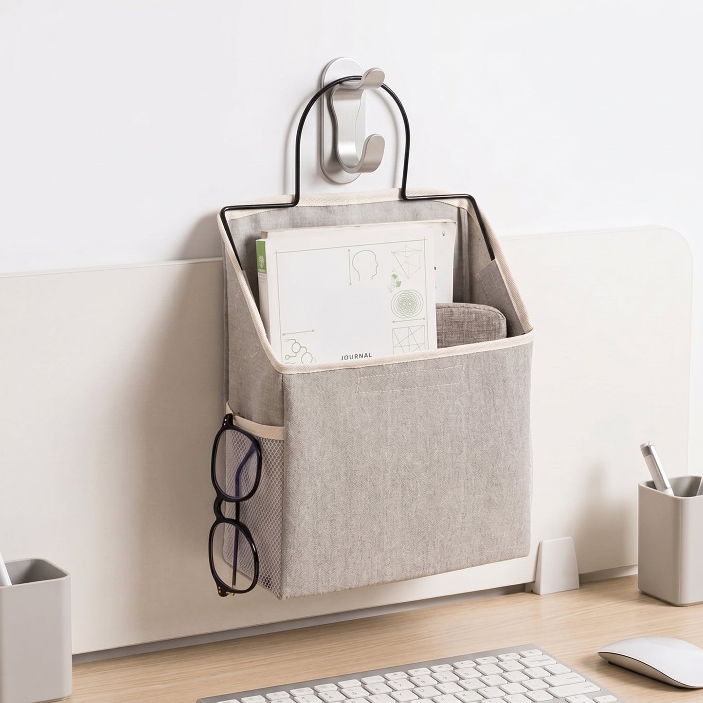 Hanging Canvas Storage Pocket with Metal Frame | Wall & Desk-Side Fabric Caddy