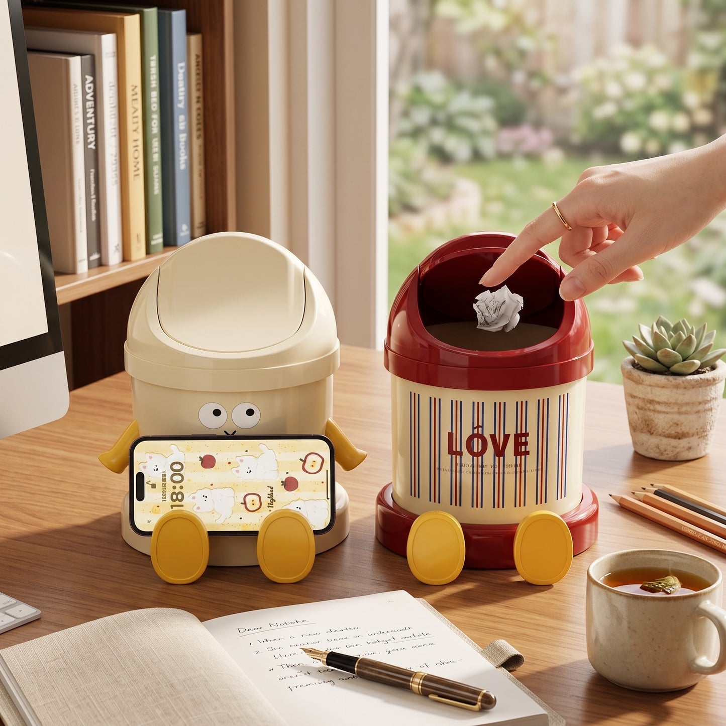 2-in-1 Mini Desk Trash Can & Phone Stand | Kawaii Office Desk Accessory