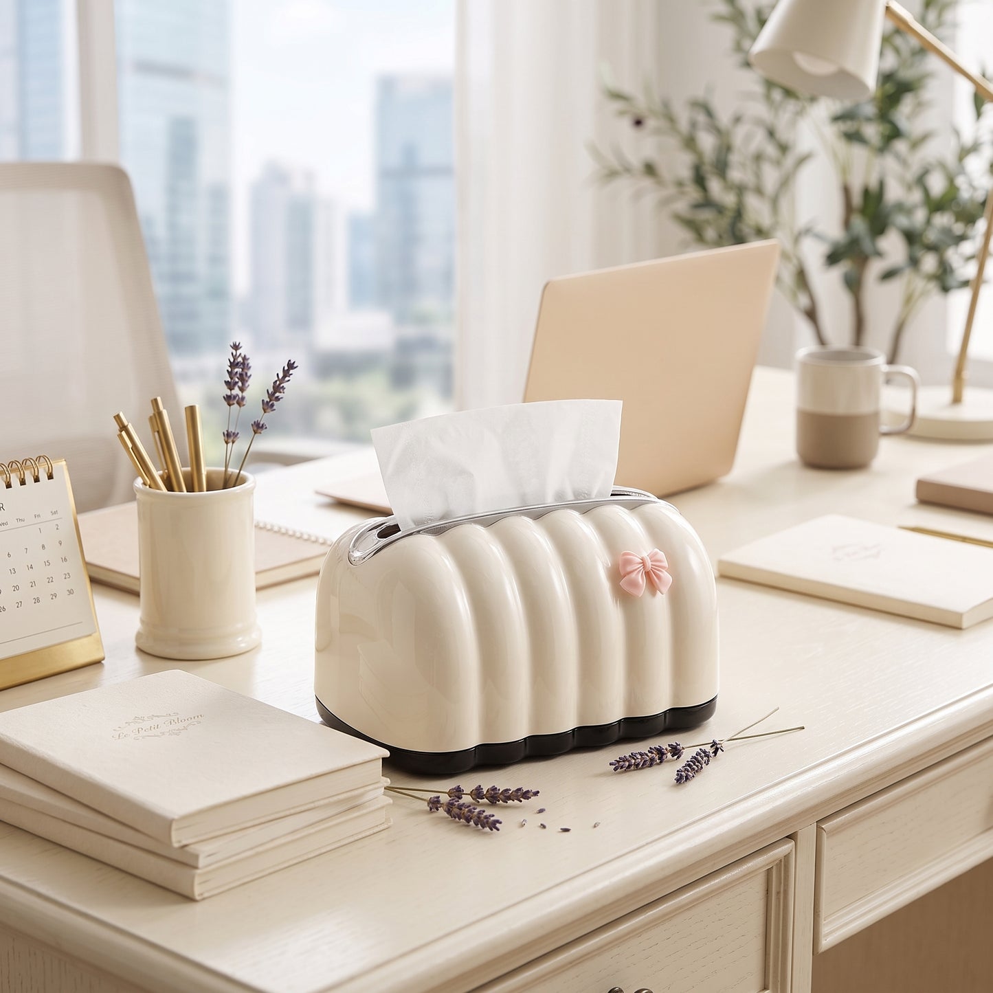 Retro Cream Tissue Box Cover | Spring-Loaded Desk Dispenser